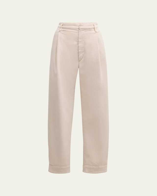 Pleated Straight-Leg Ankle Cotton Pants With Monili Belt Loop